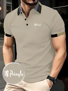 Men's Pringle Logo Print Polo Shirt, Elastic Casual Breathable All-Season Wear, Comfortable Durable High-End Fitted Blouse