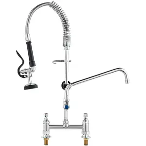 Commercial Kitchen Faucet With Pre-Rinse Sprayer, 26-Inch High, 8-Inch Center, 12-Inch Swing Spout, Deck-Mount Brass Construction, Pull-Down Spray, Compatible With 1/2/3 Compartment Sinks, Heavy-Duty Restaurant-Grade