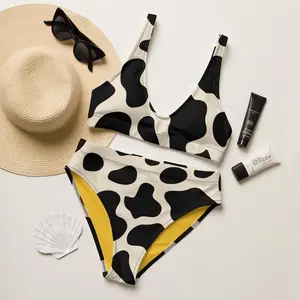 Women High Waist Bikini Set Black White Cow Print Swimsuit Cute Funny Farm Animal Two Piece Bathing Suit Beach Summer Festival Sun Tanning Pool Party Comfy Loose Swimwear Gift