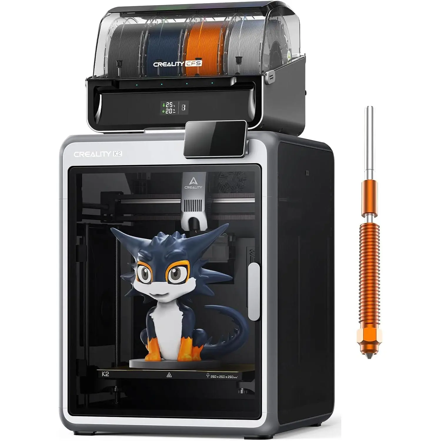 K2 Combo (A) 3D Printer, Multicolor Printing with CFS, 600mm/s Printing Speed, 95% Pre-Assemble, Smart Al Camera & Auto Leveling, Next-Gen Direct Drive Extruder, Build Volume 260*260*260mm