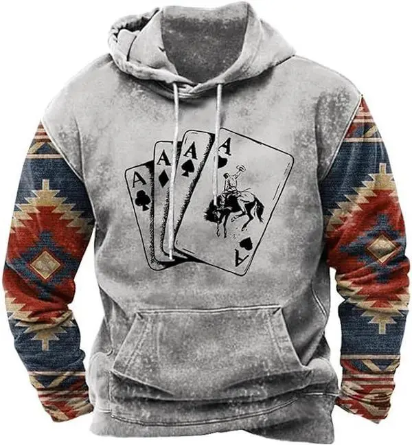 Men's Vintage Hooded Sweatshirt Western Aztec Geometric Sleeve Poker Cards Print Drawstring Pullover Hoodie with Kangaroo Pocket for Casual Outdoor Streetwear