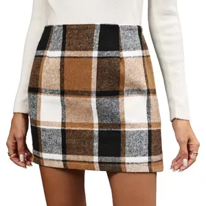 Womens Plaid Flannel Skirt High Waist Bodycon Wool Mini Skirts with Side Hidden Zipper Fall Winter Outfits