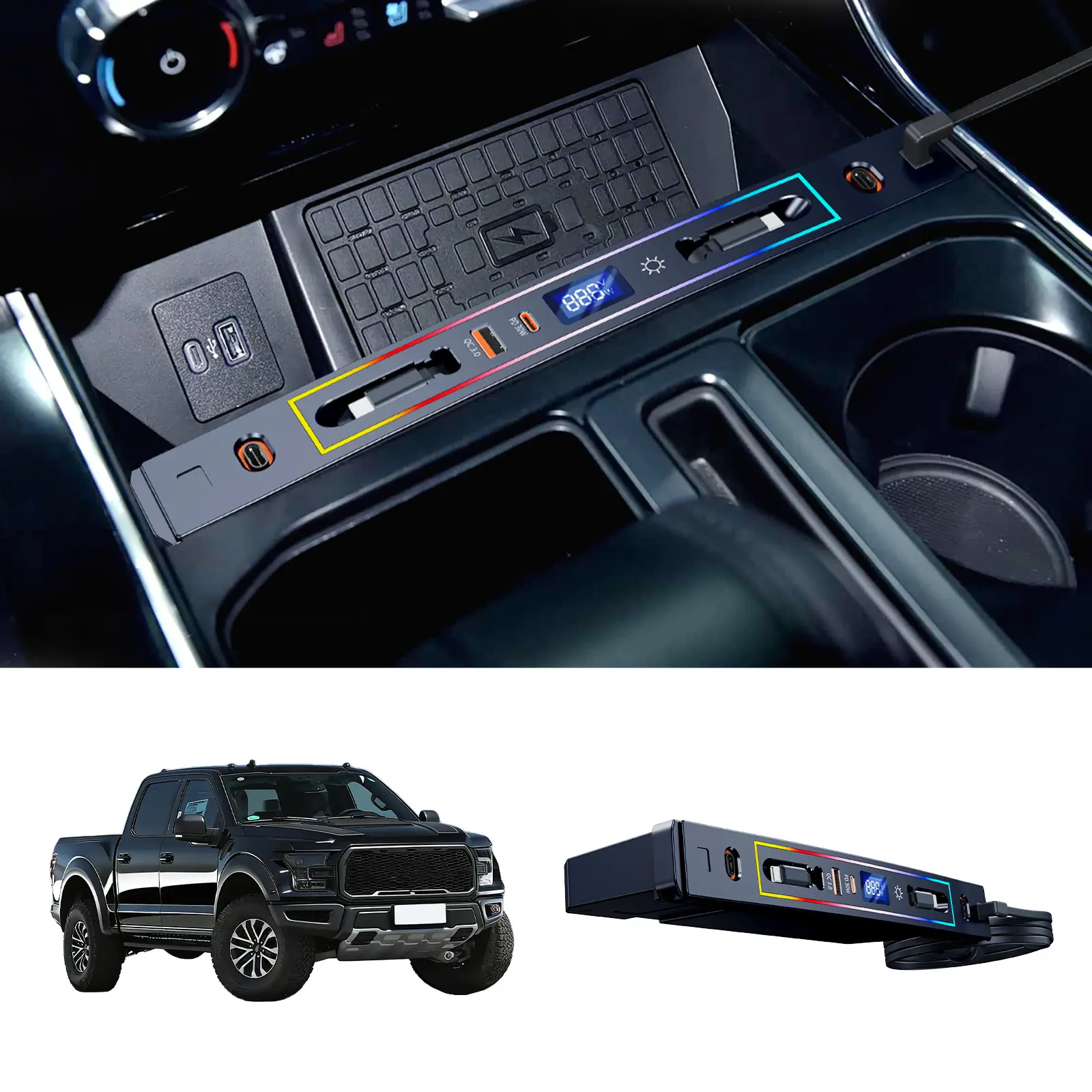 Oatsbasf 4-Port Retractable Car Charger Hub with RGB Light for Ford F-150 Raptor - F150 Accessories, cars accessories,Center Console Fast Charging Adapter / Cargador rápido 4 puertos para Ford F-150. summerwins