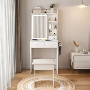 [FORMA GRAIN] Small Makeup Vanity Desk with Mirror and Adjustable LED Lights, Built-in Power Outlet and Hidden Storage, Padded Stool and Shelf Included, Space-Saving Dressing Table for Bedroom, White