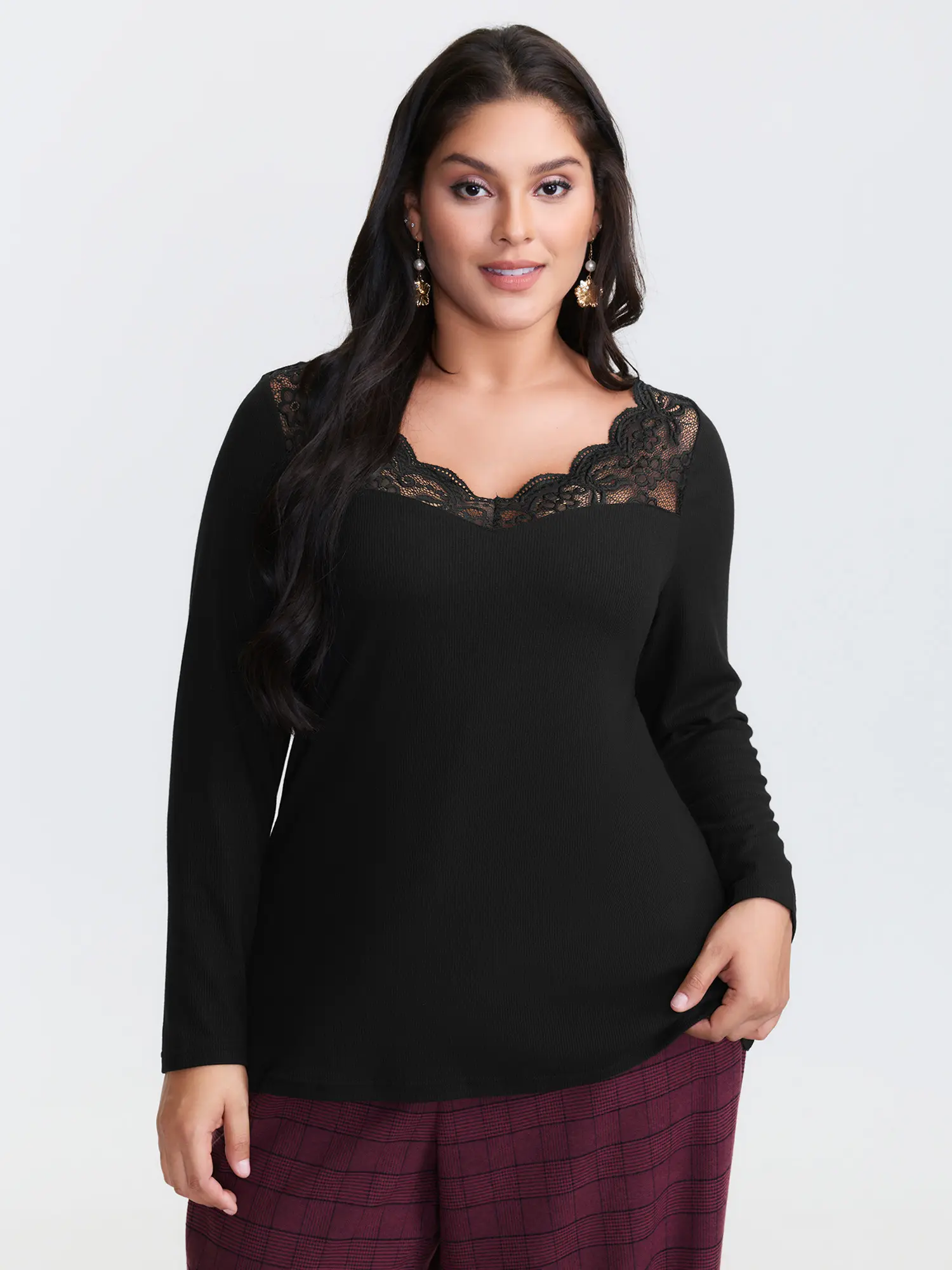 Women's Plus Size Blouse with Romantic Sheer Lace Bell Sleeves and V-Neck, Bodycon Fit Garment in Nylon Fabric, Polyester, Romance, 14-16/1X, Do Not Tumble Dry, Regular Length, Hand Wash Only, Spandex, Patchwork Detail, Low Stretch