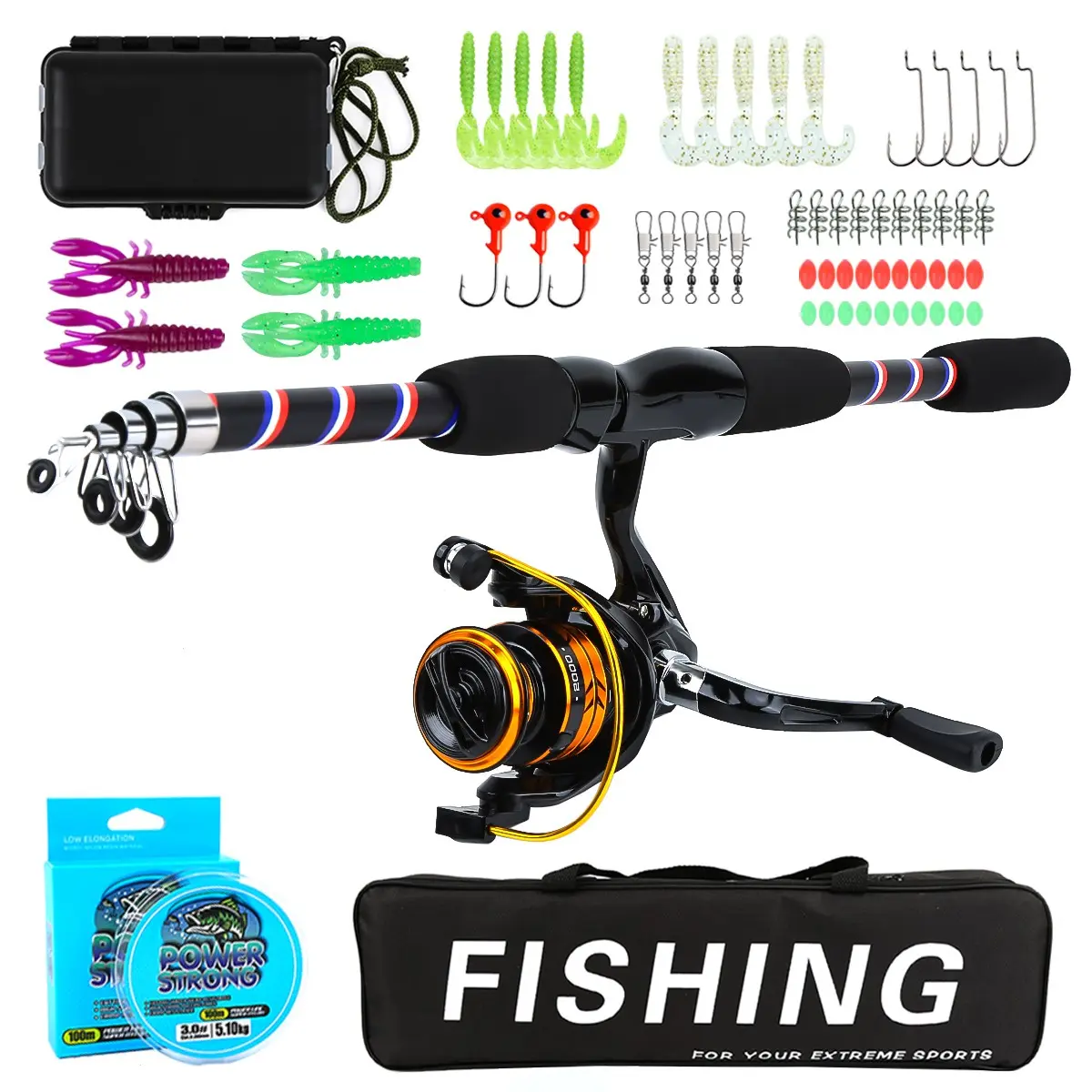 Fishing Rod Reel Set with Accessories, Spinning Reel Combo, Spinning Reel Fishing Rod, Soft Lures, Hooks, Swivels, Fishing Line + Storage Bag, Freshwater & Saltwater Fishing Gear, Fishing Equipment