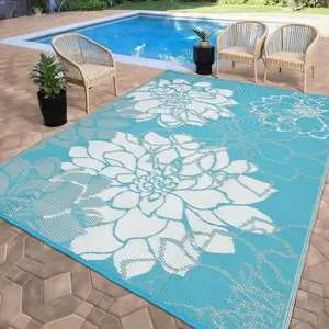 GAOMON Sky Blue Outdoor Plastic Straw Rug 9x12 Waterproof Reversible Mat Floral Tropical Patio Rug with 4 Stakes and Starage Bag Portable Outdoor Area Rug for Camping Porch Deck Rv Balcony Backyard Beach
