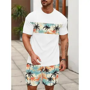 Men’s Summer Vacation Casual Two-Piece Set with 3D Tropical Coconut Tree Print, Crew Neck Short-Sleeve T-Shirt and Drawstring Shorts