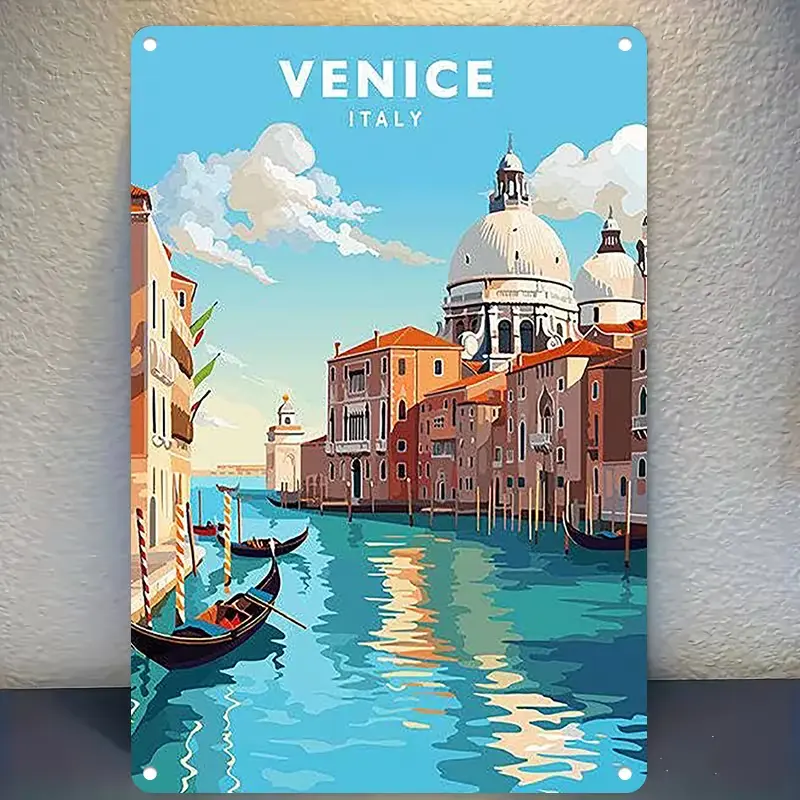 Retro Vintage Travel Art “VENICE ITALY” Grand Canal Gondolas Historic Buildings Basilica Bright Blue Sky Weathered Rust Iron Wall Sign, Vintage European Italian Travel Tin Plaque, Heartwarming Wall Decor,Gift For Venice Italy Architecture Travel Lovers