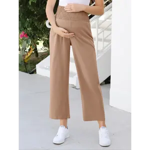 Women's Maternity Wide Leg Lounge Pants - Smocked Elastic Waistband, Regular Fit, Rayon Blend, Multi-Size, Convertible Long/Cropped Cut, All-Season Comfy Pregnancy Bottoms
