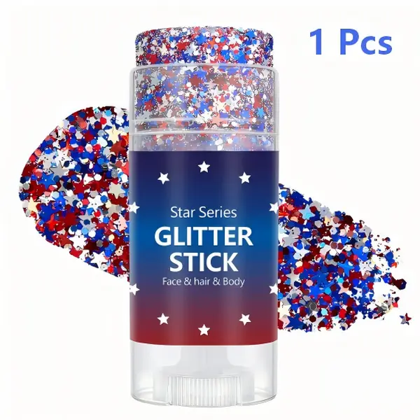 Red White Blue Star Shimmer Glitter Pigment Whole Body Stick - Unisex Compact Twist-To-Apply Cosmetic, Sweat-Safe, Portable Party Supplies Makeup (1 Pack)