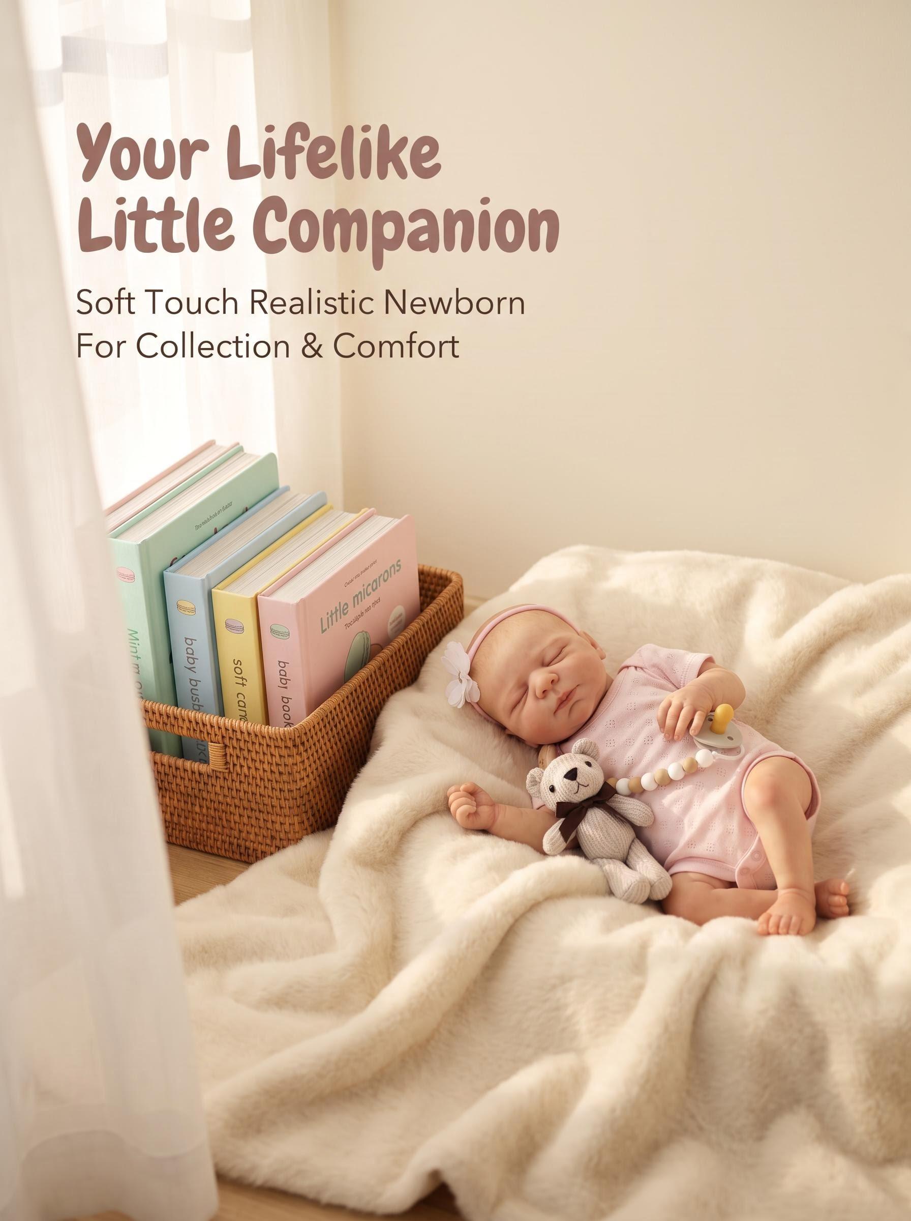 19-Inch Vinyl Body Sleeping Pose Reborn Baby Doll, Realistic Newborn with Pink Hollow-Knit Onesie, Flower Headband, Pacifier Bead Chain, CPC-Certified Handcrafted Collectible Collectibles Gift for Girls, Adults 18+