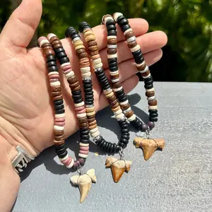 Coconut Bead Necklace with Fossil Shark Tooth