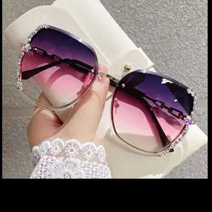 Rhinestone Rimless Fashion Sunglasses  Casual Gradient Glasses (GOLD-Purple Pink)
