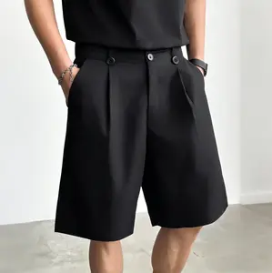 Office Commuter Style | Men’s Black Suit-Style Cropped Pants – Loose Straight Cut with Drapey Fabric, Versatile Casual Shorts