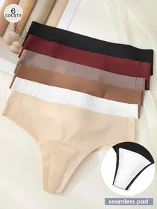 6 Pcs Women's Seamless Fitted Thong Panties, Anti-Chafing Yoga Fitness Underwear, Invisible Triangle Line, Casual All Seasons, Plain Pattern