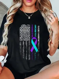 100% Cotton Suicide Prevention Awareness American Flag Ribbon Support T-Shirt