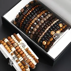 Men's Vintage Wooden Beaded Bracelets, 20pcs Fashion Bracelets for Party, Daily Clothing Decor, Trendy All-match & Exquisite Jewelry for Birthday Gift