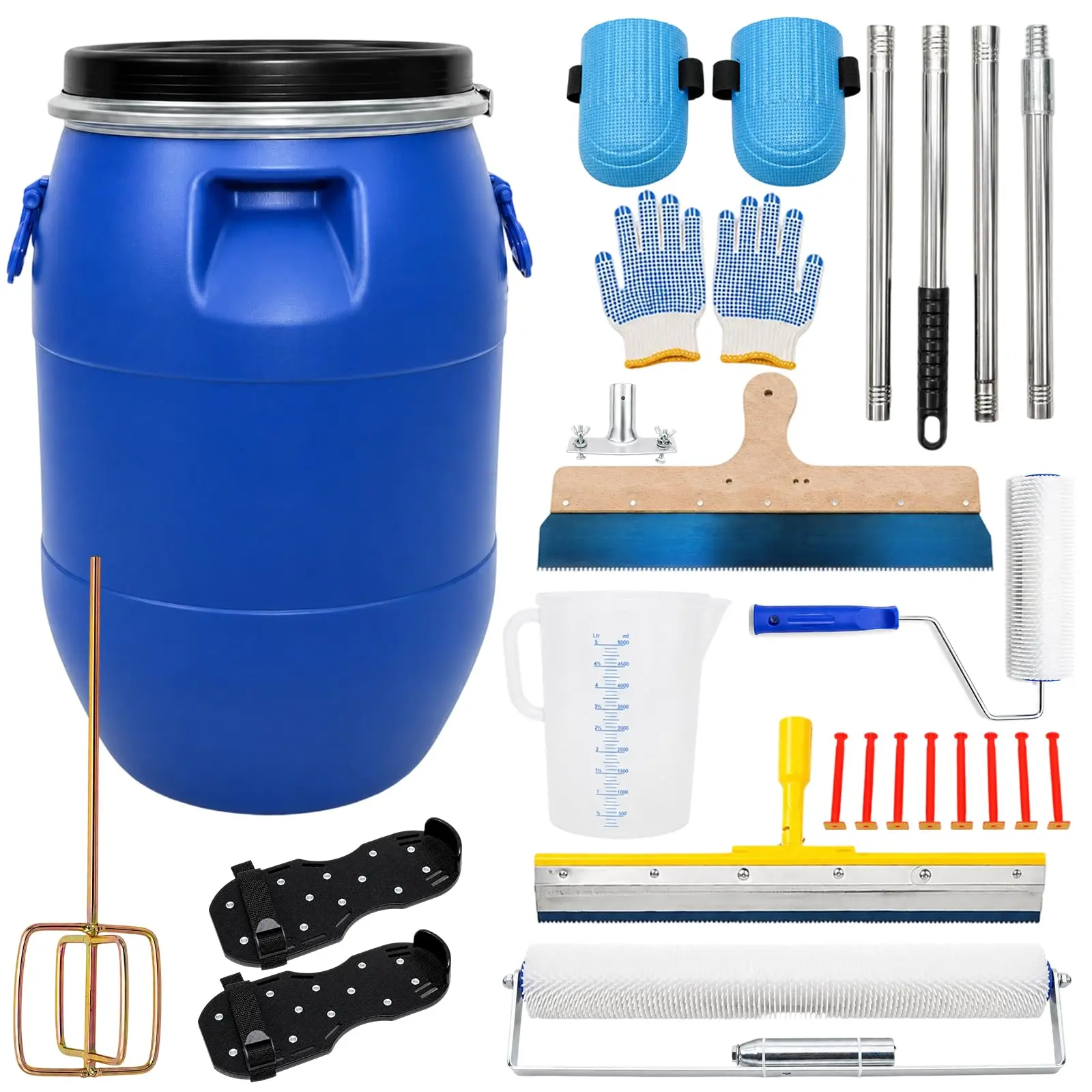 22 PCS Self-Leveling Concrete Tool Kit with Extendable Pole, Metal Parts, Roller + Rake, Spiked Shoes & Accessories for Cement Surfaces, Concrete Work Coating Projects