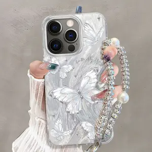 Elegant Butterfly IMD Lanyard Phone Case， Metallic Finish, Preppy Style, Fashionable Y2K-Inspired Phone Case. Compatible with iPhone 17 Pro Max 17 Air 16 Plus 15 Pro 14 13 12 11 X XS Max. Women's Portable Phone Case - A145