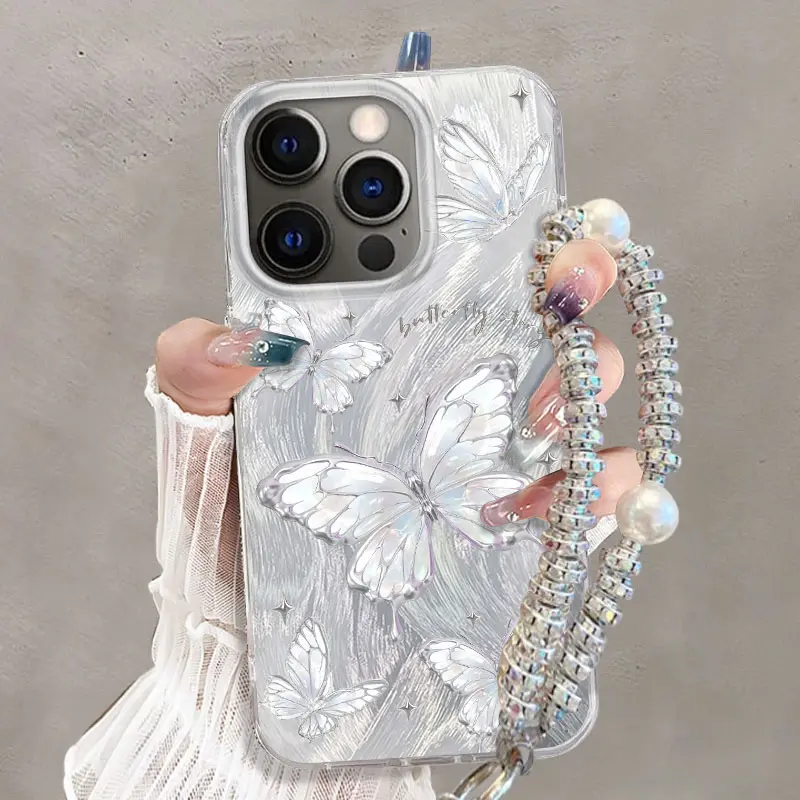 Elegant Butterfly IMD Lanyard Phone Case， Metallic Finish, Preppy Style, Fashionable Y2K-Inspired Phone Case. Compatible with iPhone 17 Pro Max 17 Air 16 Plus 15 Pro 14 13 12 11 X XS Max. Women's Portable Phone Case - A145
