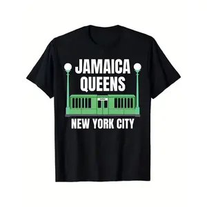 Men's Retro Jamaica Queens New York Subway Station Map T-Shirt - Black 180g Pure Cotton Shortsleeve Round Neck Menswear Top, Vintage Street Style, Featuring Jamaica Station Logo, Casual Urban Fashion Fabric