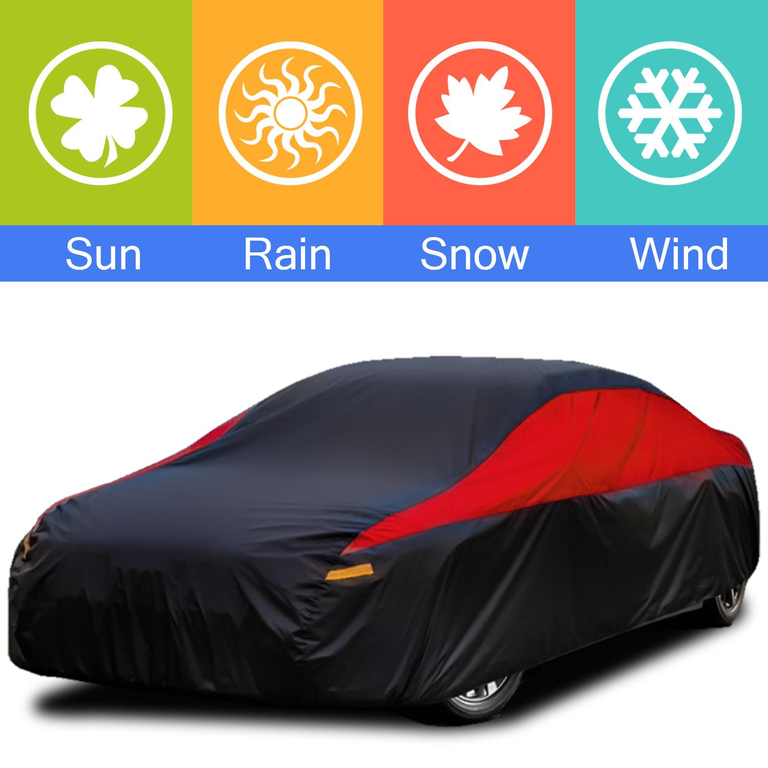 Universal Car Cover for Sedan - UV Protection, Waterproof, Breathable, Scratch-Resistant, Black and Red, Suitable for Outdoor Parking Strap, All Weather Industrial