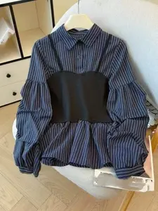 Women's Colorblock Patchwork Two-Piece Shirt, Womenswear Spring Korean Fashion Style Striped Design, Waist Cinching Slim Fit Long Sleeve Top
