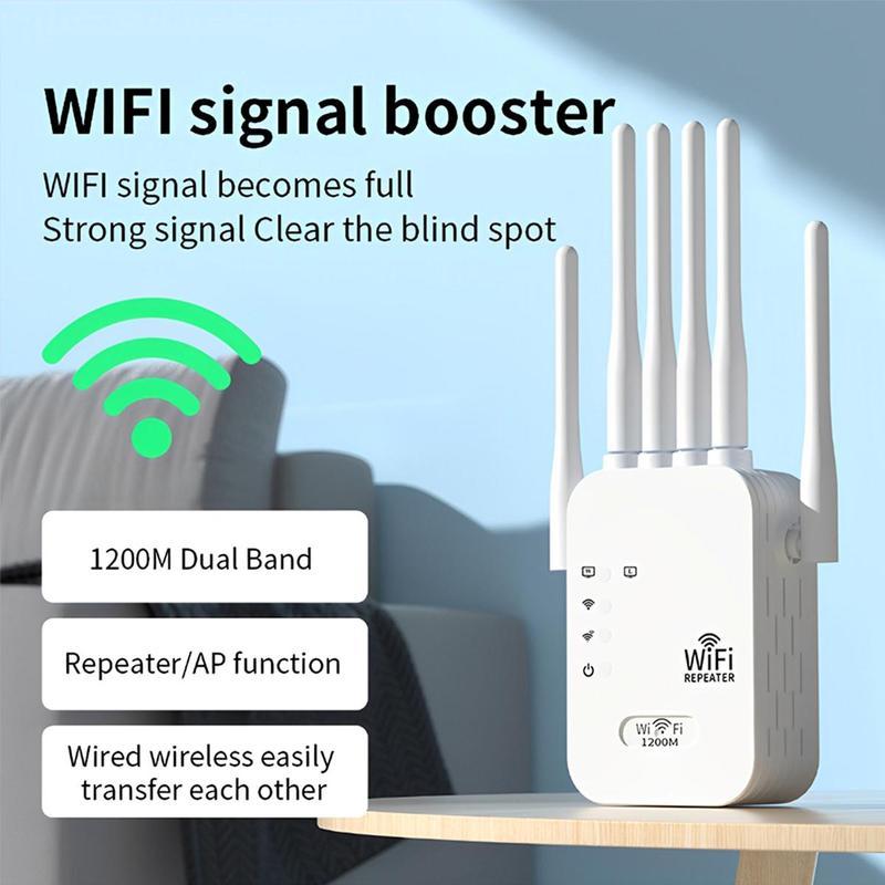 WiFi Extender, 1200Mbps Dual Band 2.4GHz/5GHz Signal Booster with 6 High-Gain Antennas,  Covers Up to 2000 Sq.ft & 30 Devices,Repeater with Ethernet Port, Ideal for Home Studios, Remote Work