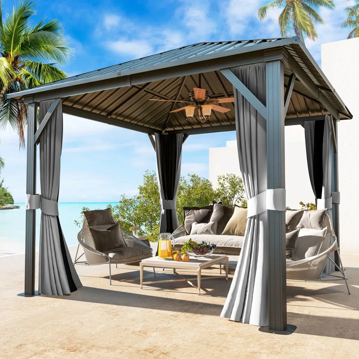 Jolydale Hardtop Gazebo, Aluminum Frame Outdoor Patio Gazebo with Galvanized Steel Roof, Breathable Netting and Privacy Curtain for Backyard, Gazebo Outdoor Patio