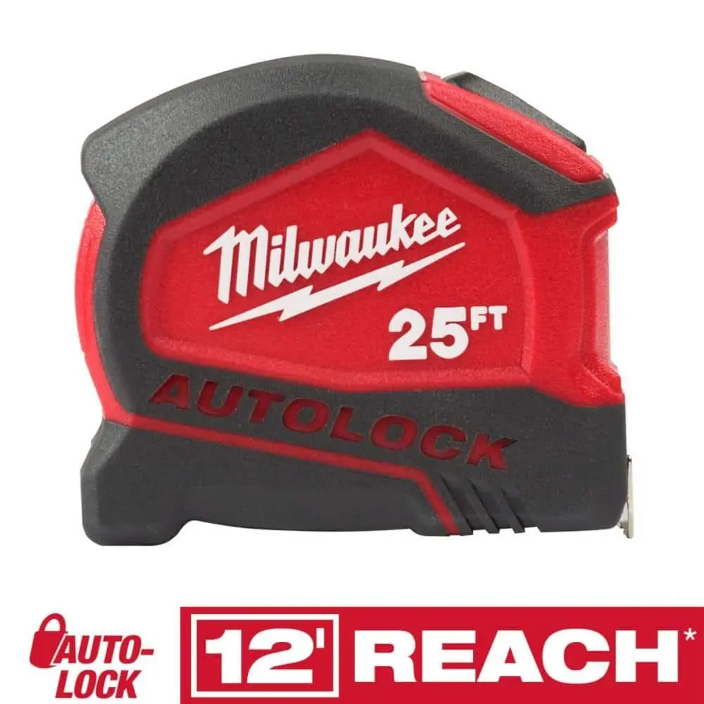 Compact Auto Lock 25 ft SAE Tape Measure with Fractional Scale and 9 ft Standout, Compact Design for Versatile Use