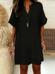 Women's Plain V-Neck Short Sleeve Dress, Casual Drop Shoulder A-Line Midi Skirt, Summer Fashion, Comfortable and Stylish