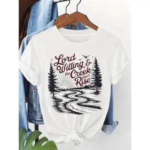 Lord Willing And The Creek Dont Rise Graphic Tee Women Vintage Faith Quote River Sunset Pine Tree Print Casual Crewneck Short Sleeve Summer Top