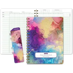 Teacher Class Record Book for 9-10 Weeks, 35 Students, 8.5"x11" - Includes Bookmark, Seating Charts, Perforated Grading Sheets (Rainbow Gold Marble)