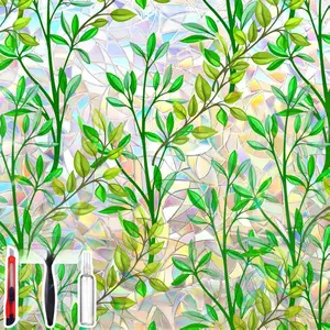 Window Privacy Film with Cutting Grid, Non-Adhesive Stained Glass Window Film Decorative, Static Cling Privacy Window Film (Leaf Rainbow,17.5 X 78.7 inch)