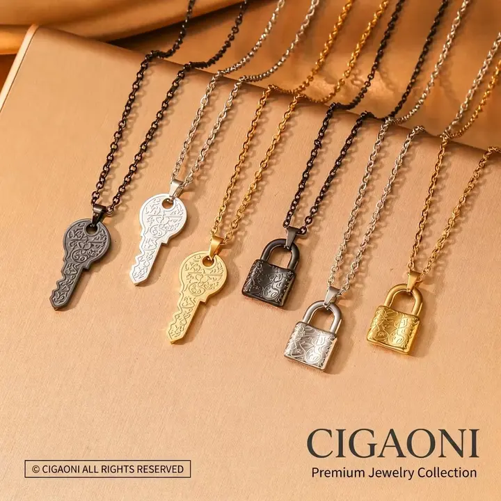Wholesale 316L Stainless Steel Arabic Calligraphy Key Lock Pendant Necklace - Tarnish-Resistant Religious Female Daily Islamic Jewelry Set, Ready to Ship