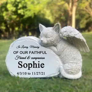 Personalized Pet Cat Memorial Stone with A Sleeping Cat Angel Statue, Cat Grave Markers, Cat Headstone Tombstone