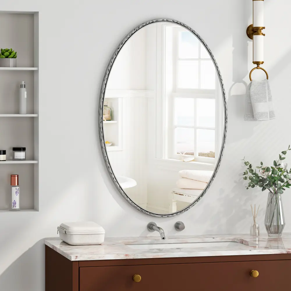 Retro Silver Iron Art Oval Glass Mirror - Reflective, Lightweight Wall Hanging Room Decor with MDF Backing, Horizontal/Vertical Mount, Suitable for Bathroom, Bedroom