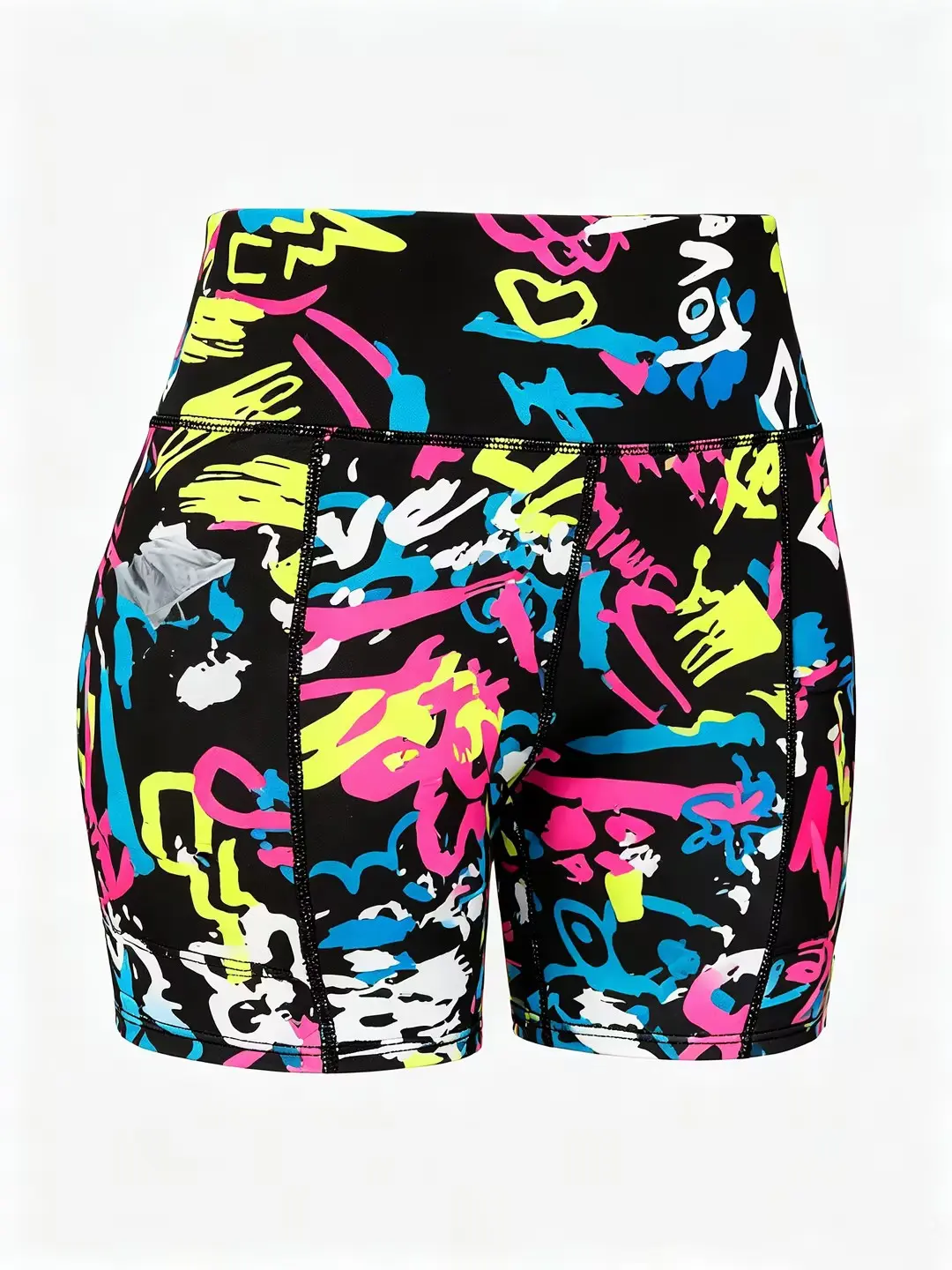 Skinny sport short:Street Style Graffiti High Rise Biker Shorts for Women Tummy Control Stretchy Athletic Workout Shorts with Deep Pockets Quick Dry Gym Short
