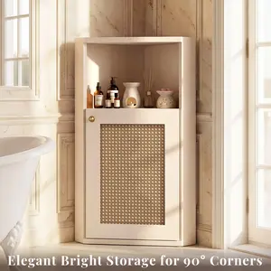 OMCHOM Corner Bathroom Cabinet, Space-Saving 90° Triangular Design with Adjustable Internal Shelf, With Elegant Rattan Door, Anti-Tip & Soft-Close Features, Multipurpose Organizer for Bathroom Bedroom Living Room Entryway – Easy to Assemble, Built to Last