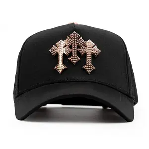 Hat Chrome Rose Gold Trucker Hat – Premium Black Adjustable Snapback with 3D Chrome Metal Crosses, Trendy Streetwear Baseball Cap