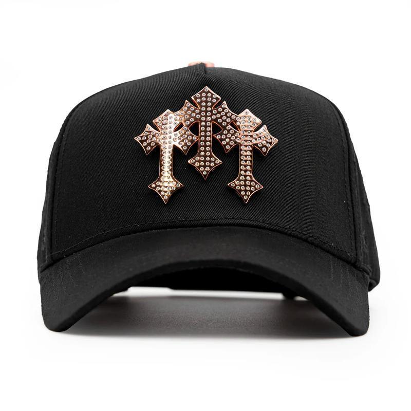 Hat Chrome Rose Gold Trucker Hat – Premium Black Adjustable Snapback with 3D Chrome Metal Crosses, Trendy Streetwear Baseball Cap