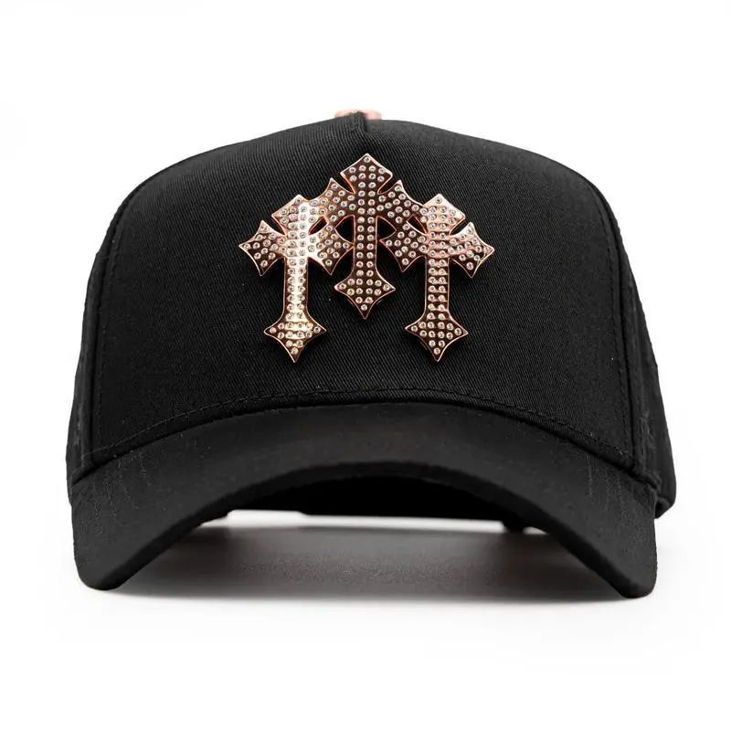 Hat Chrome Rose Gold Trucker Hat – Premium Black Adjustable Snapback with 3D Chrome Metal Crosses, Trendy Streetwear Baseball Cap