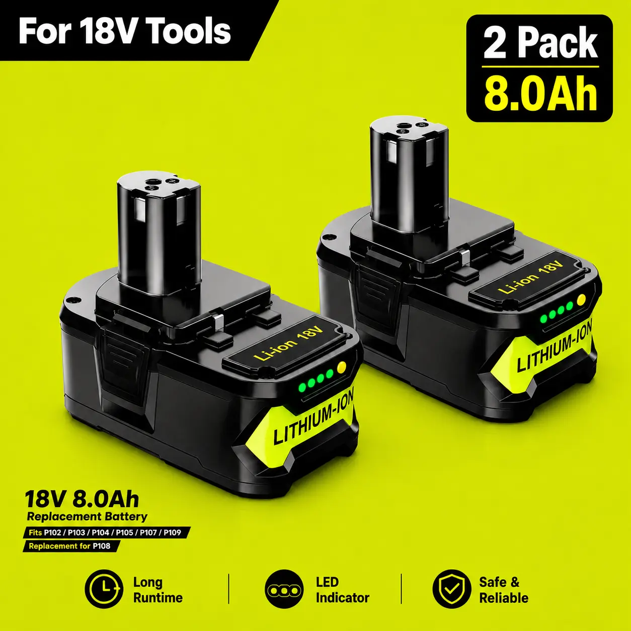 Ryobi 1+ Cordless Tool Batteries - 2-Pack 18V 8.0Ah Lithium-Ion Rechargeable Lithium Battery Replacement, 3A Fast Charge Dual Charger Station with Advanced Safety Protection for Long Projects, 100% 1+ System Compatible with P102-P109 (Extended Runtime)