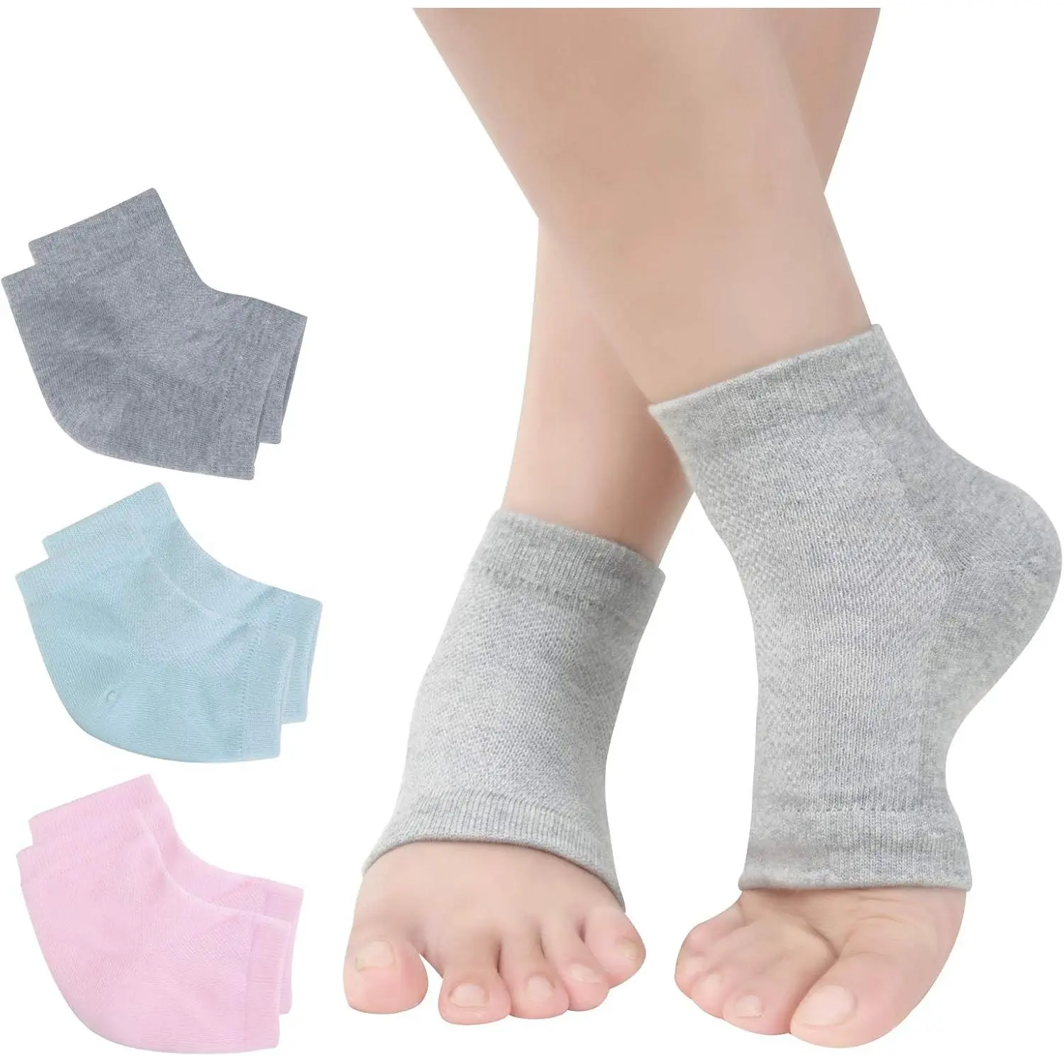 Vented Moisturizing Gel Heel Socks, 3 Pairs Toeless Spa Sock for Foot Care Treatment, Cracked Heels, Dry Feet, Foot Calluses Moisturizer Nail