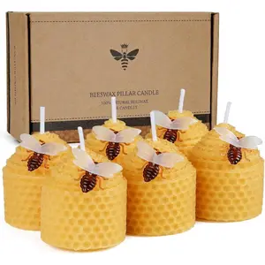 Beeswax Candles Set of 6, Small  Votive Candles with Little  Decorations as  (Yellow)