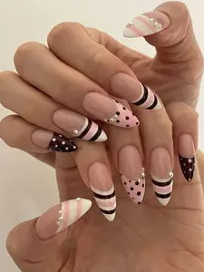 Custom Retro Stripe Press on Nail Set, Nude Black Polka Dot French Tip Fake Nails, Vintage Minimalist Aesthetic Handmade Design Daily Wear