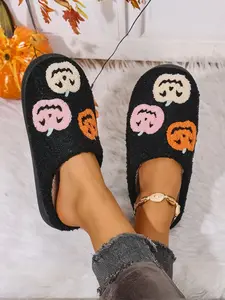 Halloween Pumpkin Women's Slippers, Cozy Plush Home Shoes for Fall & Winter, Warm Comfortable Footwear for Ladies