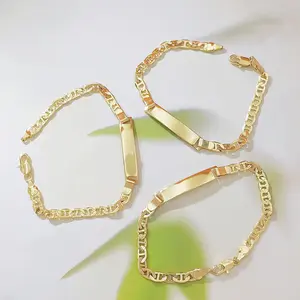 14K Gold Plated Engraved Mariner Chain ID Bar Bracelet, Blank Custom Nameplate Wrist Bracelet, Hypoallergenic Stainless Steel Personalized Jewelry for Women & Men