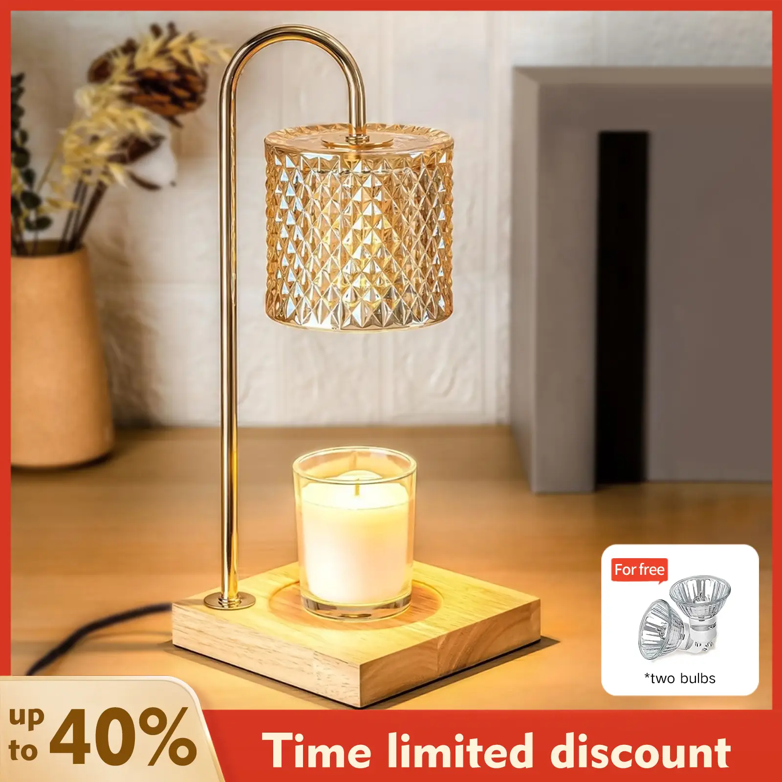 【90%positive feedback】S.Y. Home & Outdoor Candle Warmer Lamp for Jar Candles 2 Bulbs 2/4/8h Timer 4 Level Dimmer Melts for Scented Wax Gift for Home D